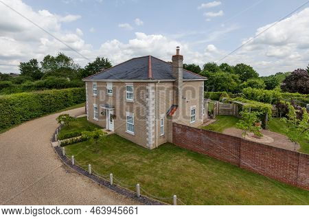Stradishall, Suffolk, England - June 1 2017 Modern Detached Two Storey Brick House Aerial View Withi