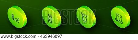 Set Isometric Line Robin Hood Hat, Big Ben Tower, England Flag On Pennant And Stonehenge Icon. Vecto
