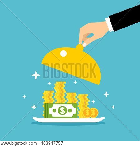 Business Life Hand Opens Serve Cloche With Money Concept Vector Illustration