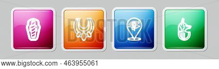 Set Line Egypt Mummy In Sarcophagus, Egyptian Necklace, Eye Of Horus And Anubis. Colorful Square But