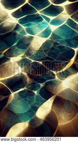 Abstract Fluid And Crystal Luxury Design With Blue Liquid And Gold Paths.3d Illustration