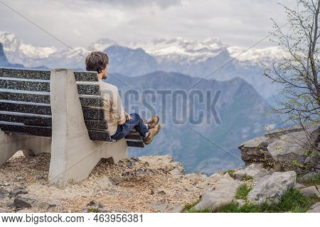 Man Tourist On Background Of Breathtaking Panoramic View Of The Grlo Sokolovo Gorge In Montenegro. I