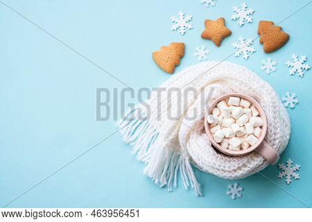 Hot Chocolate With Marshmallows And Christmas Cookies. Fflat Lay Image On Blue.
