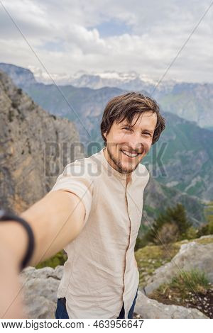 Man Tourist On Background Of Breathtaking Panoramic View Of The Grlo Sokolovo Gorge In Montenegro. I