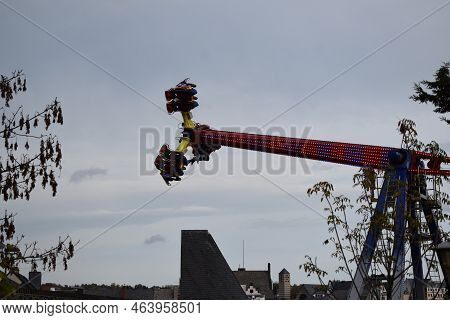 Mayen, Germany - 10 17 2022: Lukasmarkt, Big Carousel Above City Walls Level