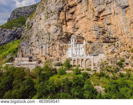 Monastery Of Ostrog, Serbian Orthodox Church Situated Against A Vertical Background, High Up In The 