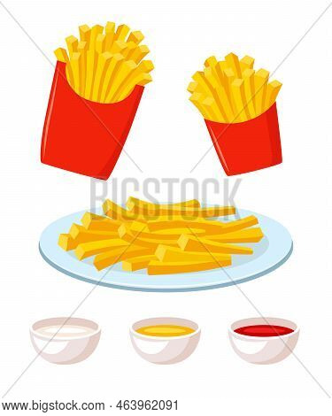 French Fries In Red Cartoon Box Cartoon Illustration Set. Fried Potatoes On Plate With Various Dips,