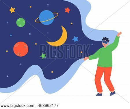 Man In Vr Glasses Looking At Galaxy Flat Vector Illustration. Happy Boy In Glasses Of Virtual Realit