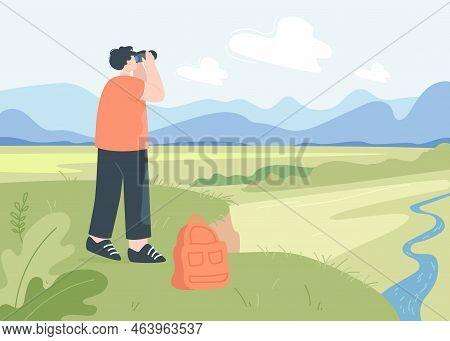 Man Looking At Mountains Through Binoculars Flat Vector Illustration. Male Person Standing In Field,