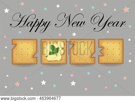 Happy New Year 2023. Artistic Yellow Number As Cracker Cookies With Butter And Green Perejil. Gray B