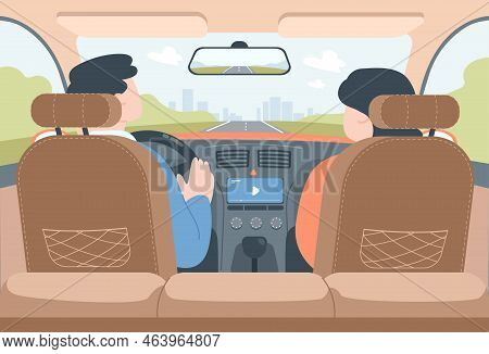 Car Interior With Back View Of Driver And Passenger. Couple Inside Car, View From Backseat Of Taxi, 