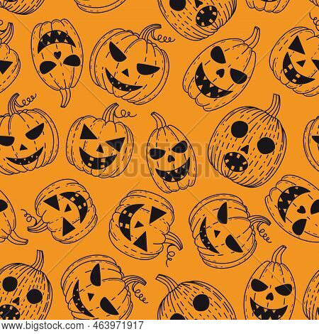 Jack-o'-lantern Pattern. Pattern With Scary Carved Pumpkins For Halloween.
