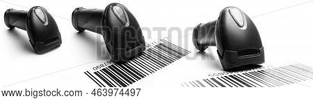 Bar Code Scanner Set. Retail Label Barcode Scan. Reader Laser Scanner For Warehouse Isolated On Whit