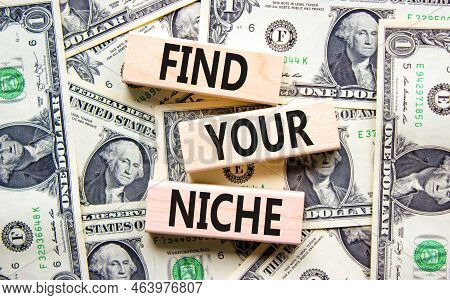 Find Your Niche Symbol. Concept Words Find Your Niche On Wooden Blocks. Dollar Bills. Beautiful Back