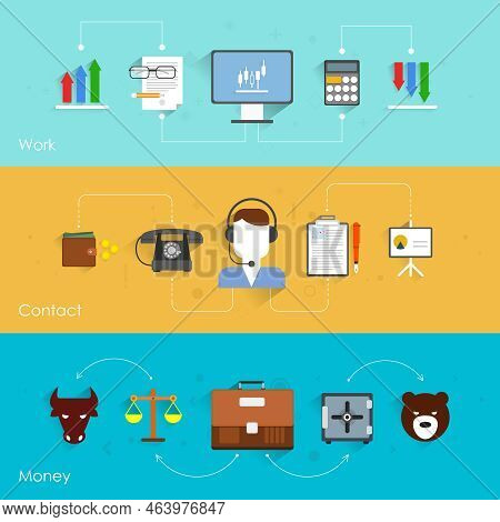 Finance Exchange Flat Banner Set With Work Contact Money Isolated Vector Illustration