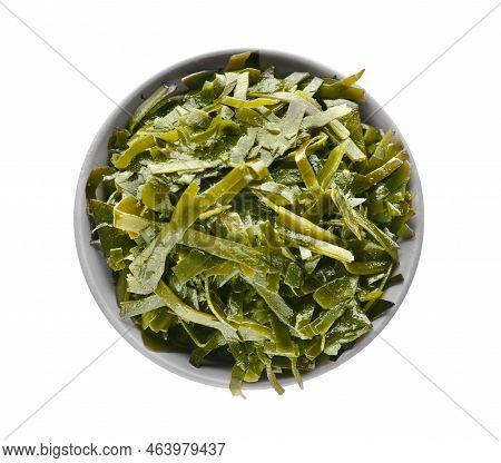 Fresh Laminaria (kelp) Seaweed In Bowl Isolated On White, Top View