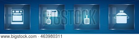 Set Oven, Electric Mixer, Barbecue Spatula And Cooking Pot. Square Glass Panels. Vector
