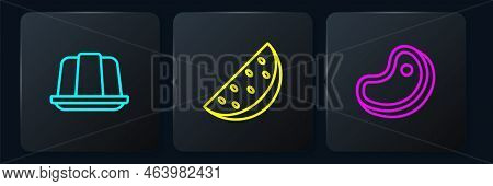 Set Line Jelly Cake, Steak Meat And Watermelon. Black Square Button. Vector