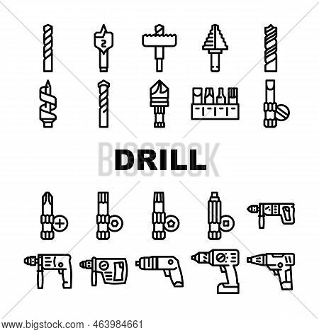 Drill Equipment Construction Icons Set Vector. Machine Power, Industry Work, Industrial Tool, Drilli