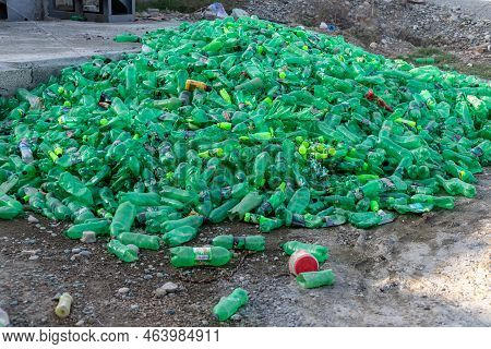 Malakand Division , Kpk, Pakistan, October, 07, 2022: Used Plastic Bottles Piled To Be Recycle In Th