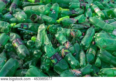 Malakand Division , Kpk, Pakistan, October, 07, 2022: Used Plastic Bottles Closeup View