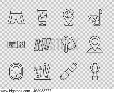 Set Line Airplane Window, Hot Air Balloon, Location The Globe, Ski And Sticks, Short Or Pants, Rubbe