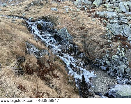 Cascades On The Gotthardreuss Mountain River And Over The Reservoir Lake Lago Di Lucendro In The Swi