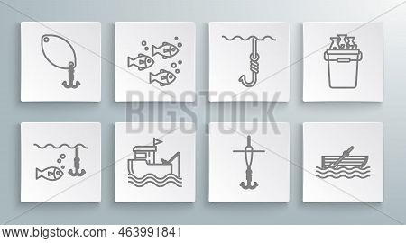 Set Line Fishing Hook Under Water With Fish, Boat Fishing Rod On, And Float, Oars, Bucket Fishes And