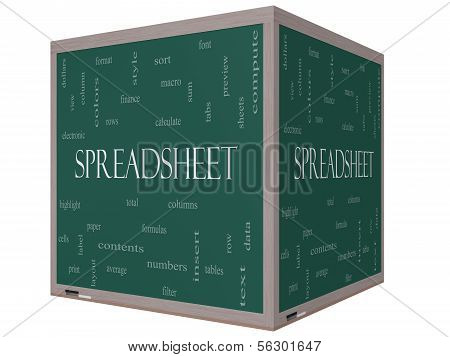 Spreadsheet Word Cloud Concept On A 3D Cube Blackboard
