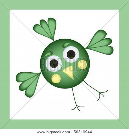 Fun Cartoon Bird Flying In Sky. Vector Illustration