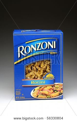 IRVINE, CA - January 21, 2013: A one pound box of Ronzoni Rotini Pasta. Rotini is corkscrew or spiral shaped pasta and One of the most versatile of all pasta shapes.