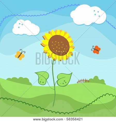 Country landscape with sunflowers and clouds