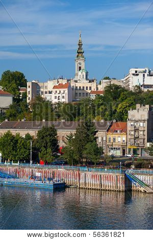 BELGRADE, SERBIA - AUG 15: Danube view of St. Michael the Archangel's Cathedral on August 15, 2012 in Belgrade, Serbia. Known as Saborna crkva, one of the most important places of worship in country.