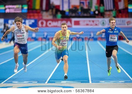 GOTHENBURG, SWEDEN - MARCH 2 Petter Olson (Sweden) places 2nd in the men's 60m pentathlon event during the European Athletics Indoor Championship on March 2, 2013 in Gothenburg, Sweden.