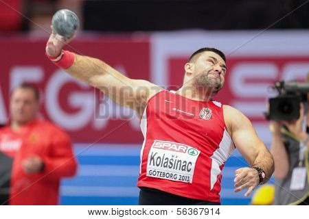 GOTHENBURG, SWEDEN - MARCH 1 Asmir Kolasnic (Serbia) wins the men's shot put final during the European Athletics Indoor Championship on March 1, 2013 in Gothenburg, Sweden.