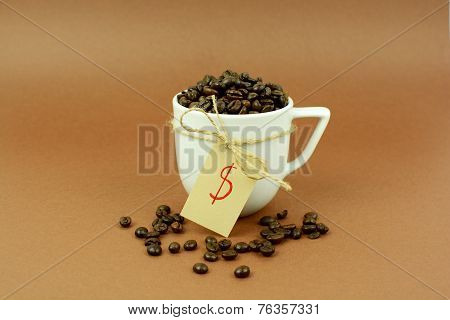 Coffee cup with a bow coffee beans and dollar sign