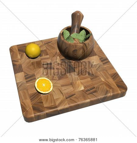 Square Wooden Sushi Platter With Whole And Sliced Orange And Mint Leaves On A Mortar And Pestle, 3D