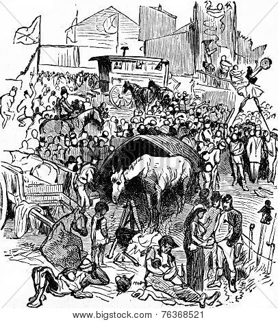Derby. The Acrobats On The Hill, Vintage Engraving.