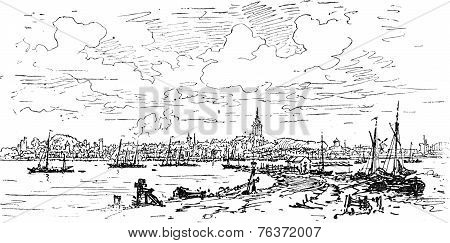 Holland. General View Of Nijmegen, Vintage Engraving.