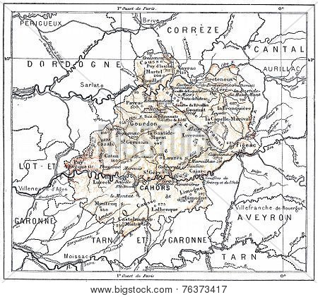 Topographical Map Of The Department Of Lot In Midi-pyrenees, France, Vintage Engraving