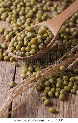 Green Mung Bean In Wooden Spoon Closeup On The Table. Vertical