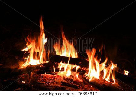 campfire in fireplace at a night 