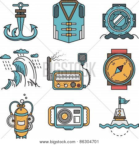 Flat line style nautical vector icons
