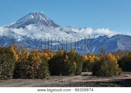 Autumn view of active Avachinskiy Volcano on Kamchatka, Russia
