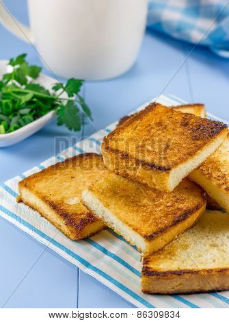 Breakfast Toasts With Verdure And Cup Of Coffee