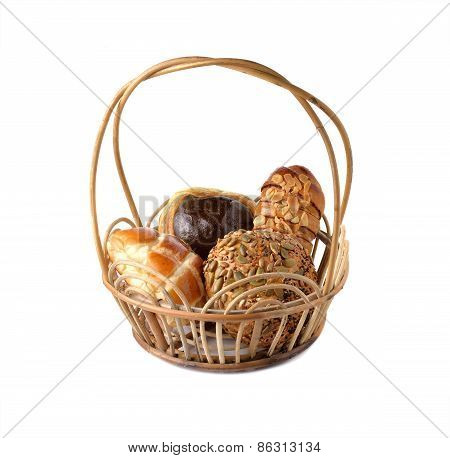 Bread Bun In Basket On White Background