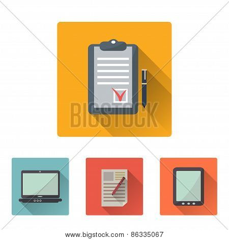 Office Flat Icons Set With Long Shadow