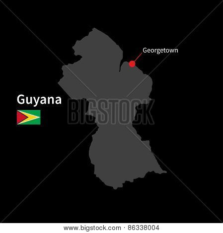 Detailed map of Guyana and capital city Georgetown with flag on black background