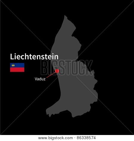 Detailed map of Liechtenstein and capital city Vaduz with flag on black background