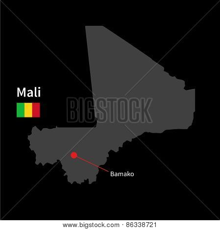 Detailed map of Mali and capital city Bamako with flag on black background